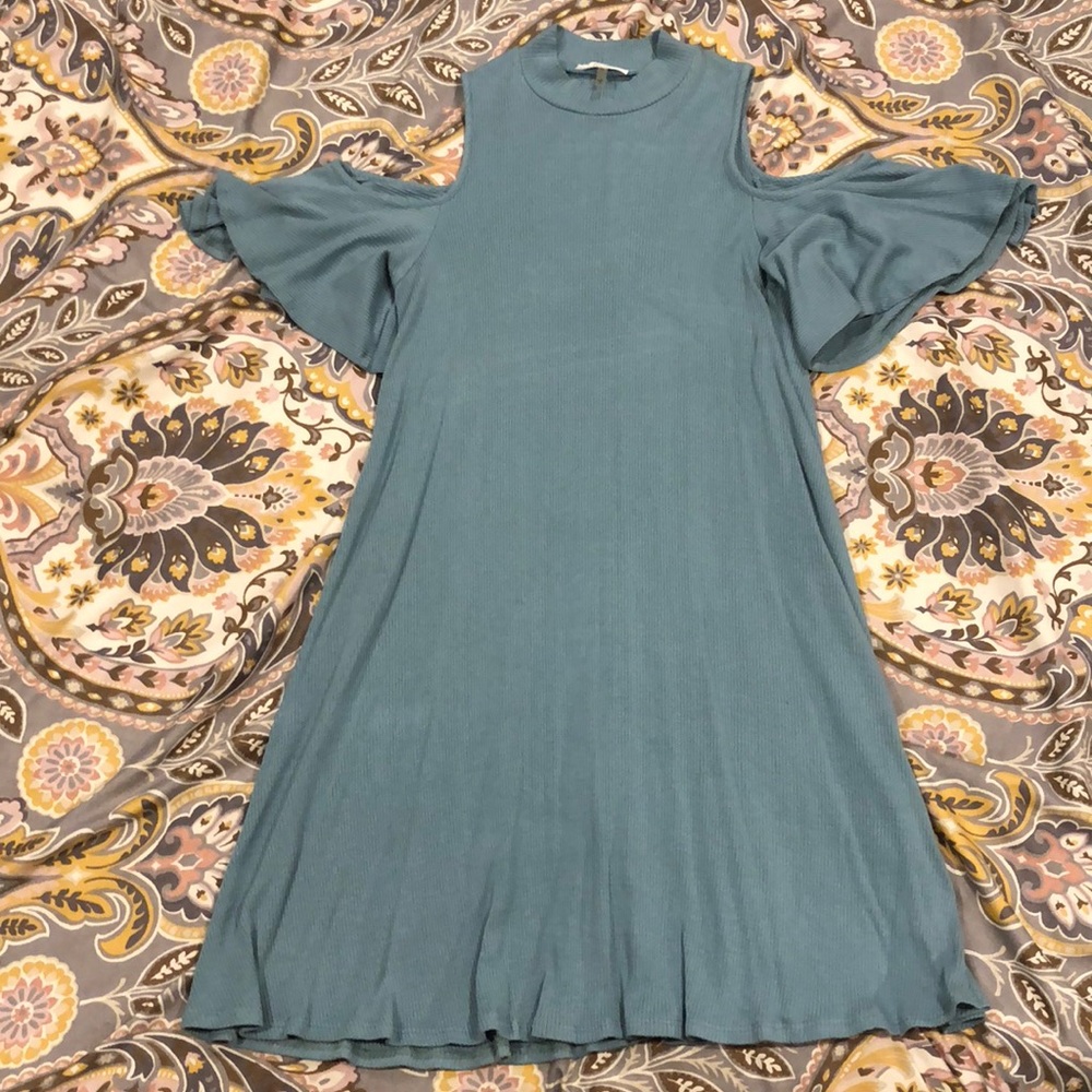 Blue high neck cold shoulder dress